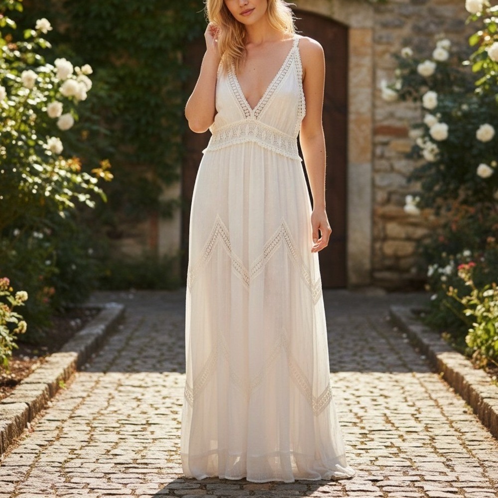 Chelsea & Violet White Lace Crochet V-Neck Maxi Dress Women Small Boho Summer